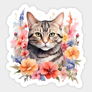 An american shorthair cat decorated with beautiful watercolor flowers Sticker